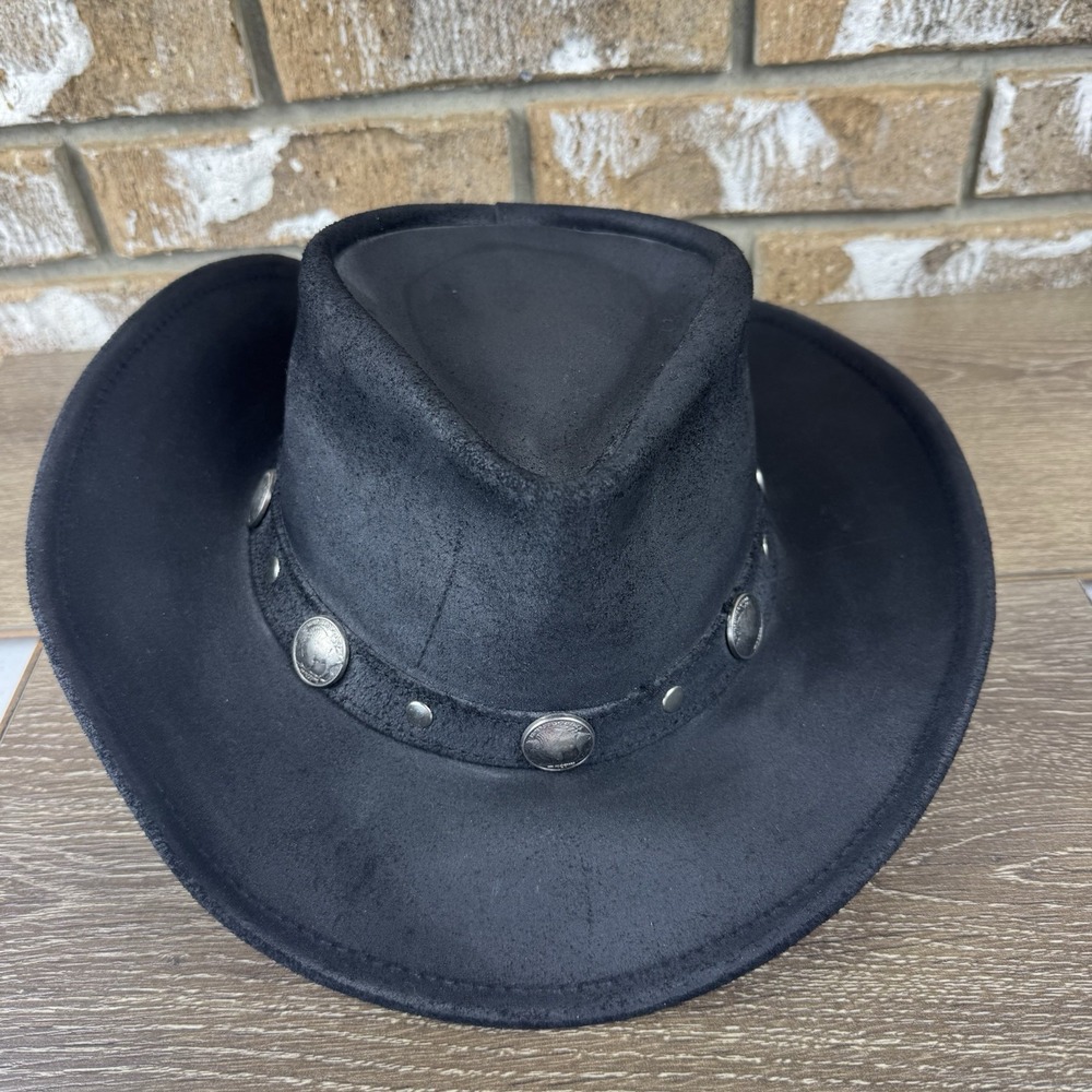 Minnetonka Western Black Leather Buffalo Nickel Hat Cowboy Outback USA Sz Large